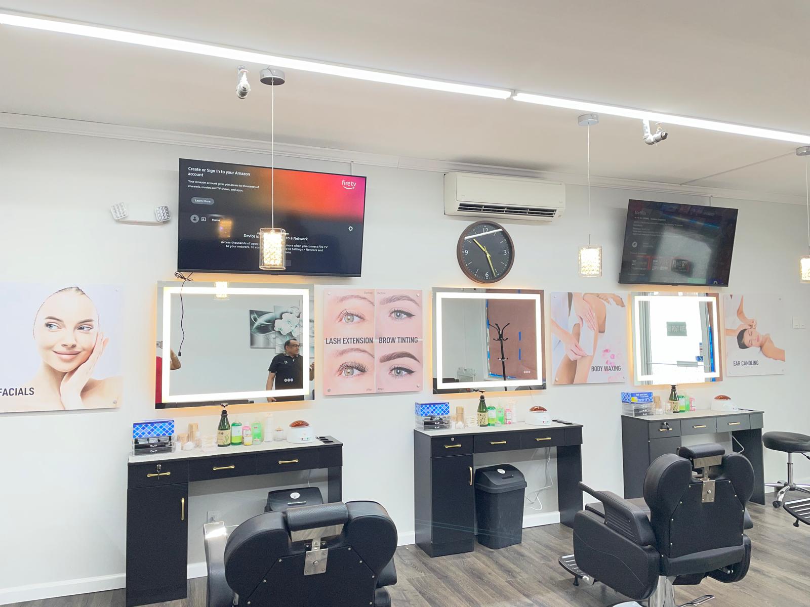 Salon services wall — Facials, Lash Extension, Brow Tinting, Body Waxing, Ear Candling